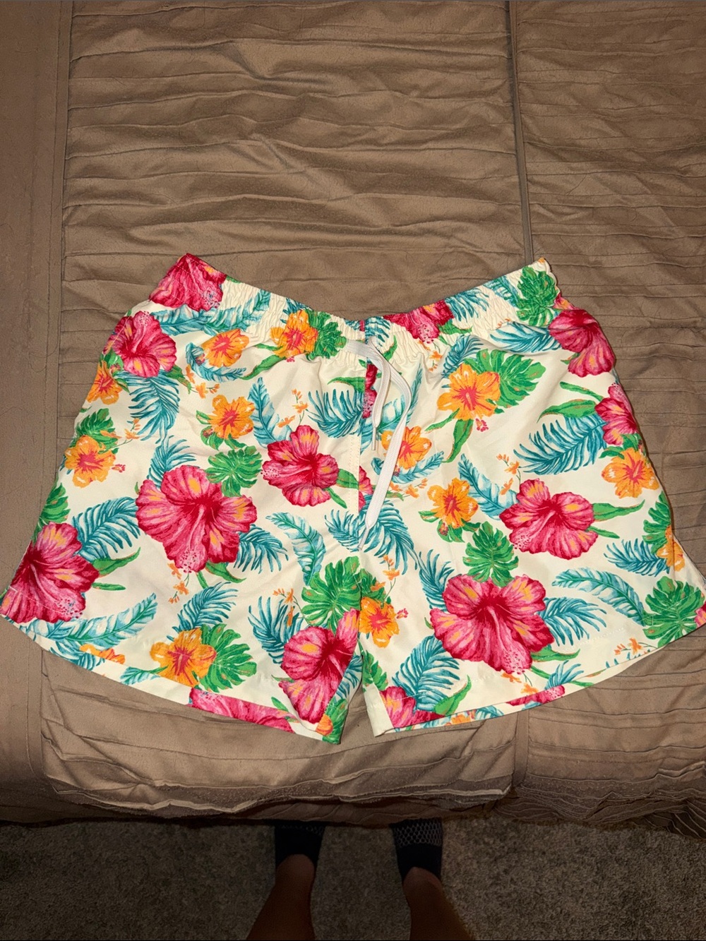 chubbies Tropical Floral Swim Trunks - White with Pink, Yellow & Green